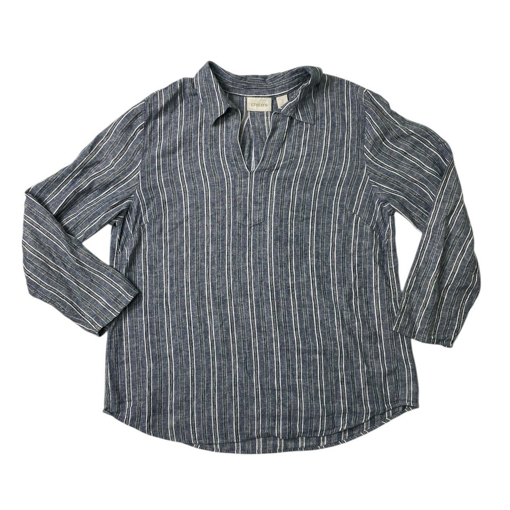 Chicos Womens 2 US L Blue Linen Blend Tunic Coastal Classy Travel Resort